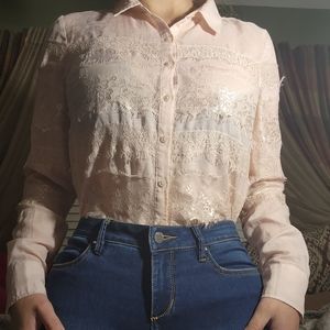 Guess long sleeve blouse blush pink beige button guess top